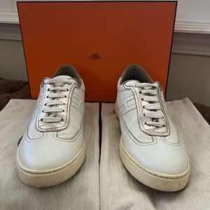 Hermes Women’s White Leather Low-Top Sneakers with Metallic Trim